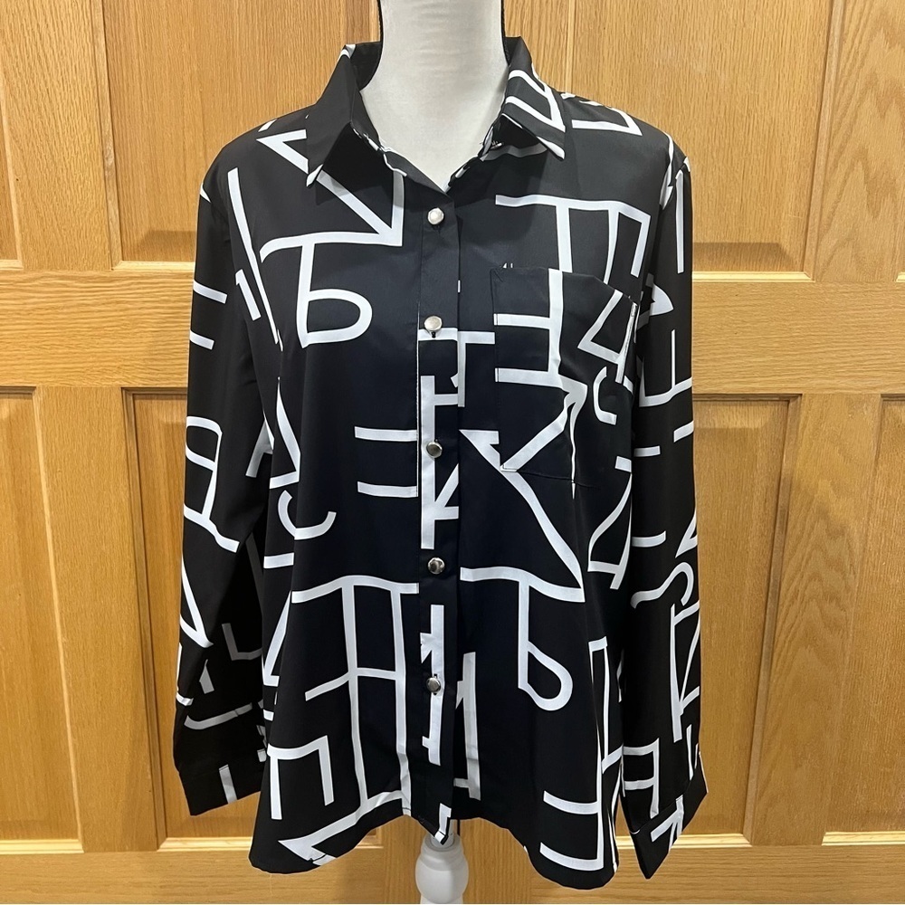 Black and White Geometric Button-Up Shirt
